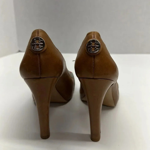 Tory Burch Runway Cluny High Heel Shoes Pumps Open Toe Leather Brown Pink 9.5 - Picture 5 of 14